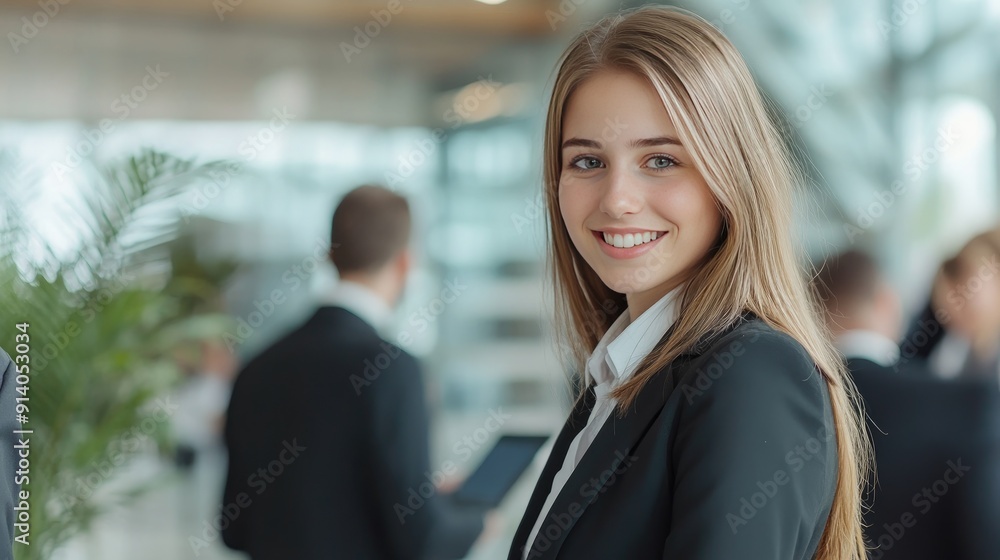 A young woman in business attire smiles while conversing with a man in a busy office, showcasing a vibrant working atmosphere with colleagues in the background A young woman in business attire smiles while conversing with a man in a busy office, showcasing a vibrant working atmosphere with colleagues in the background