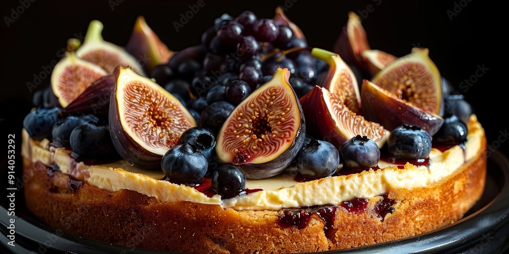 Close-up of a delicious cake with figs, blueberries and a creamy topping. Close-up of a delicious cake with figs, blueberries and a creamy topping.