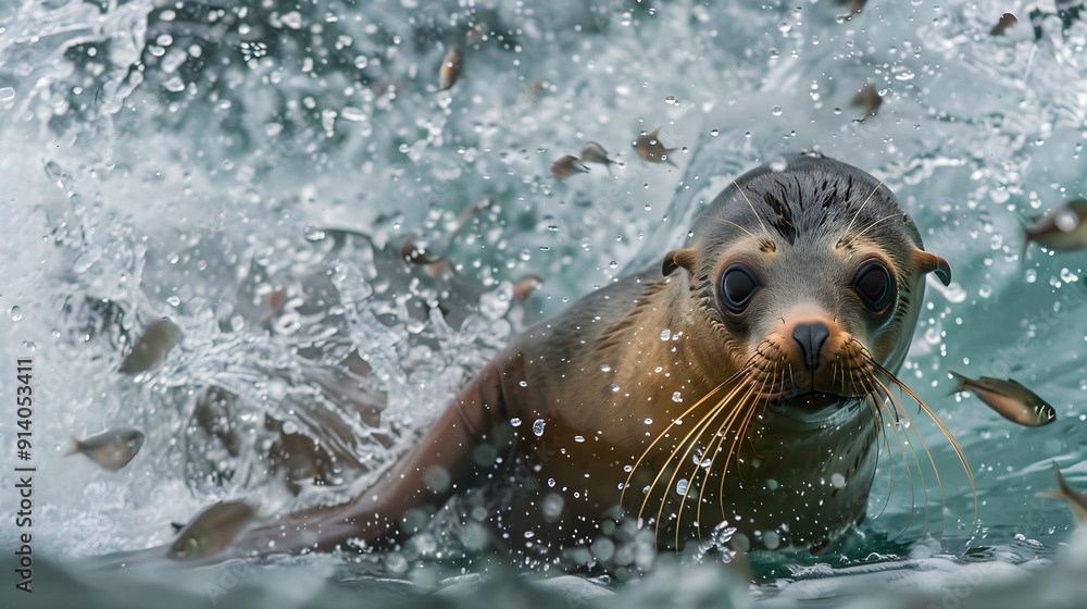 Obraz premium Curious sea lion pup joyfully chasing a school of fish in the ocean blue.