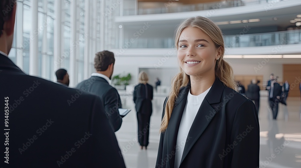A young woman in business attire smiles while conversing with a man in a busy office, showcasing a vibrant working atmosphere with colleagues in the background A young woman in business attire smiles while conversing with a man in a busy office, showcasing a vibrant working atmosphere with colleagues in the background