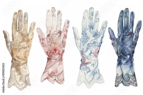 Soft watercolor vintage lace gloves with delicate floral motifs, capturing ethereal elegance