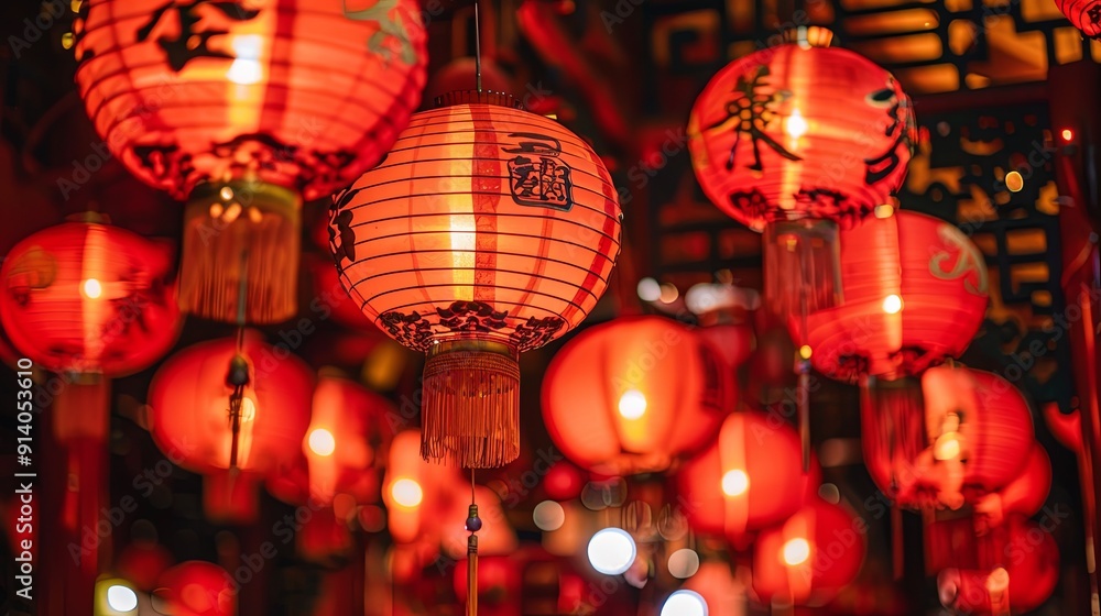 Red lanterns lit up at night, casting warm glow. Red lanterns lit up at night, casting warm glow.