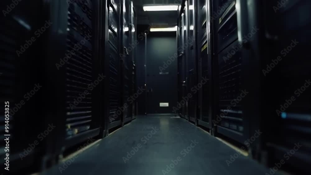 A corridor lined with server racks in a data center showcasing technology A corridor lined with server racks in a data center showcasing technology