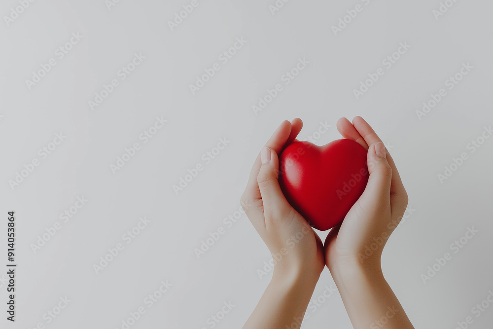 Fototapeta premium A pair of hands gently holding a red heart against a plain white background, symbolizing love and care.