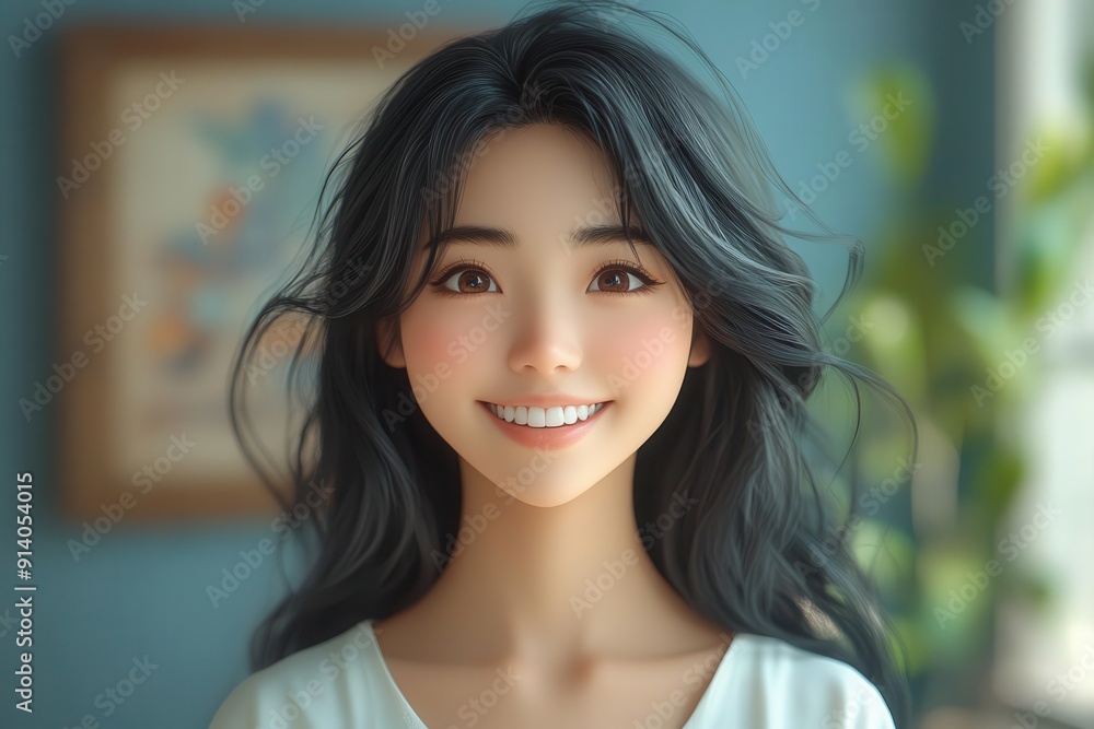 cheerful 3d asian woman character with flowing black hair and bright smile wearing crisp white top set against a softhued backdrop conveying warmth and friendliness cheerful 3d asian woman character with flowing black hair and bright smile wearing crisp white top set against a softhued backdrop conveying warmth and friendliness