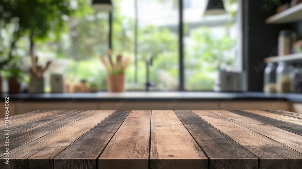 Table top made of wood with blurred kitchen room background Table top made of wood with blurred kitchen room background