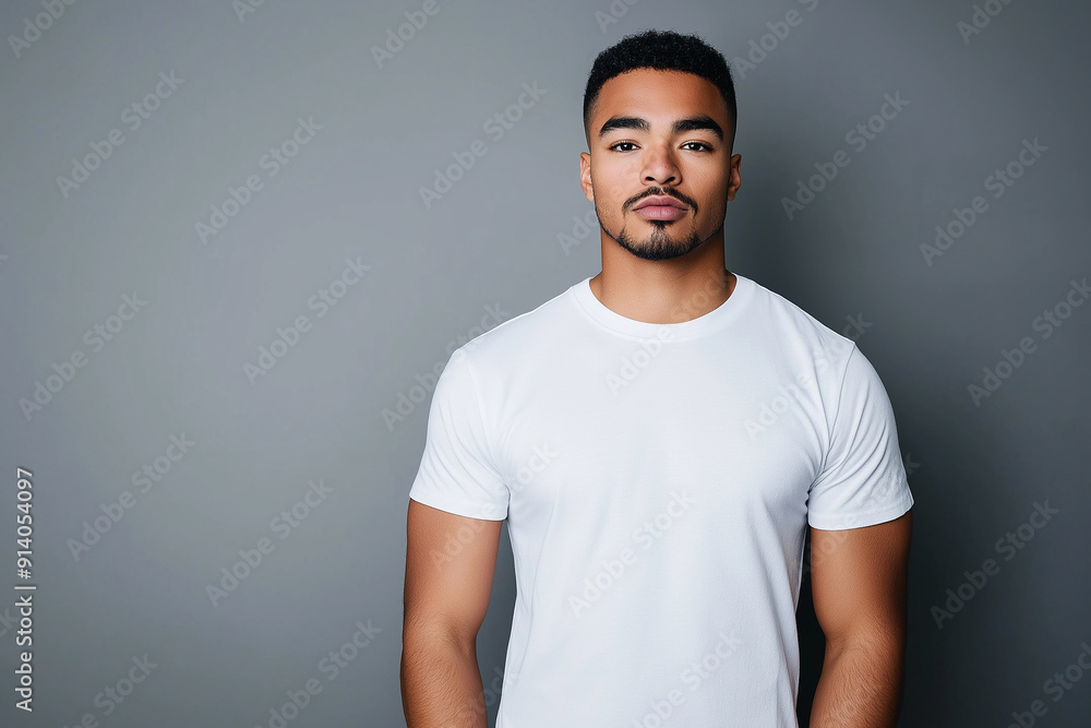 A portrait of a confident young man in a white t-shirt against a plain grey background, showcasing modern fashion. A portrait of a confident young man in a white t-shirt against a plain grey background, showcasing modern fashion.