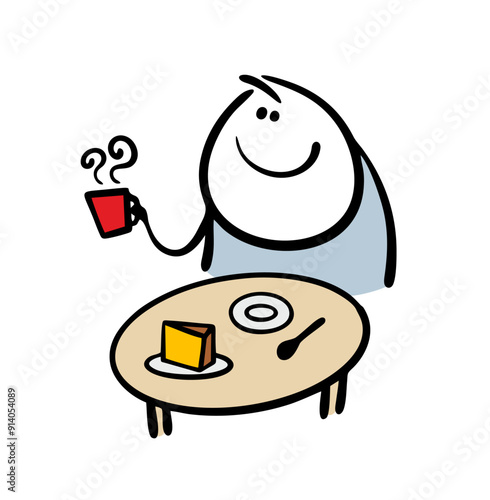 Romantic breakfast in an outdoor cafe. Vector cartoon illustration of a stickman sitting with a cup of hot coffee and enjoying life. Funny stick figure satisfied man is eating a cake in a restaurant.