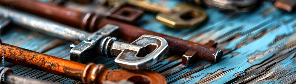 Close Up of Rusty Keys on Blue Wood. Close Up of Rusty Keys on Blue Wood.