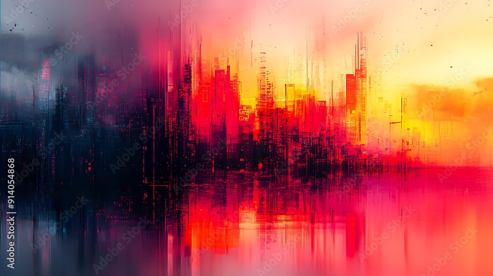 Naklejka premium An abstract digital artwork showcasing a vibrant, futuristic cityscape blending warm and cool tones, ideal for use in technology blogs, sci-fi movie posters, or as modern wall art,