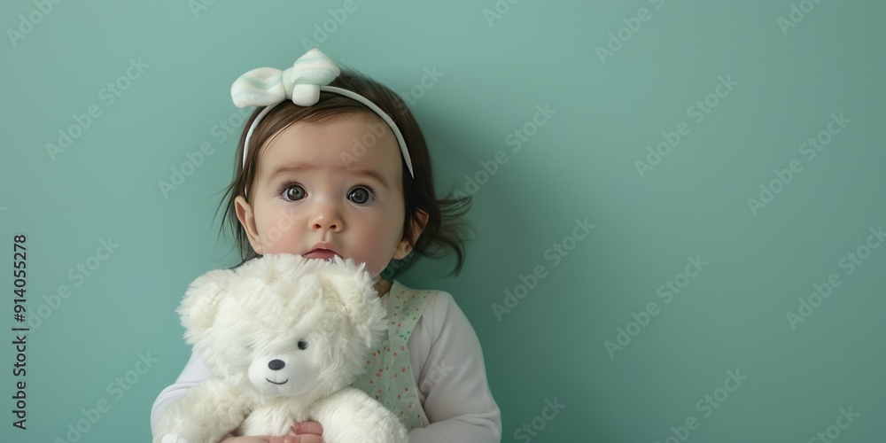 Adorable baby girl with teddy bear against a teal background. Adorable baby girl with teddy bear against a teal background.