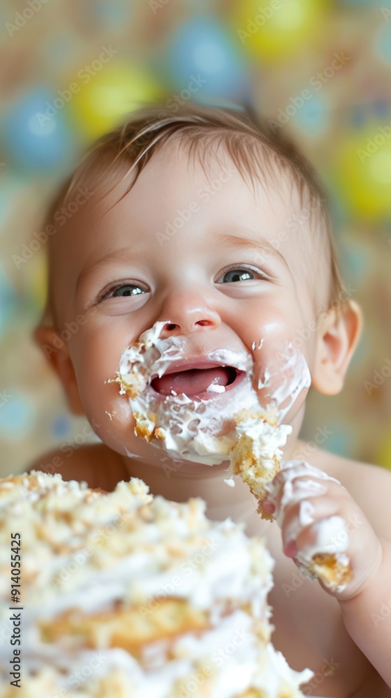 Happy Baby Eating Cake.