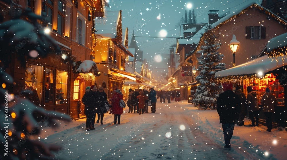 People strolling through a snow-covered street illuminated for christmas, with decorated buildings and a festive atmosphere People strolling through a snow-covered street illuminated for christmas, with decorated buildings and a festive atmosphere