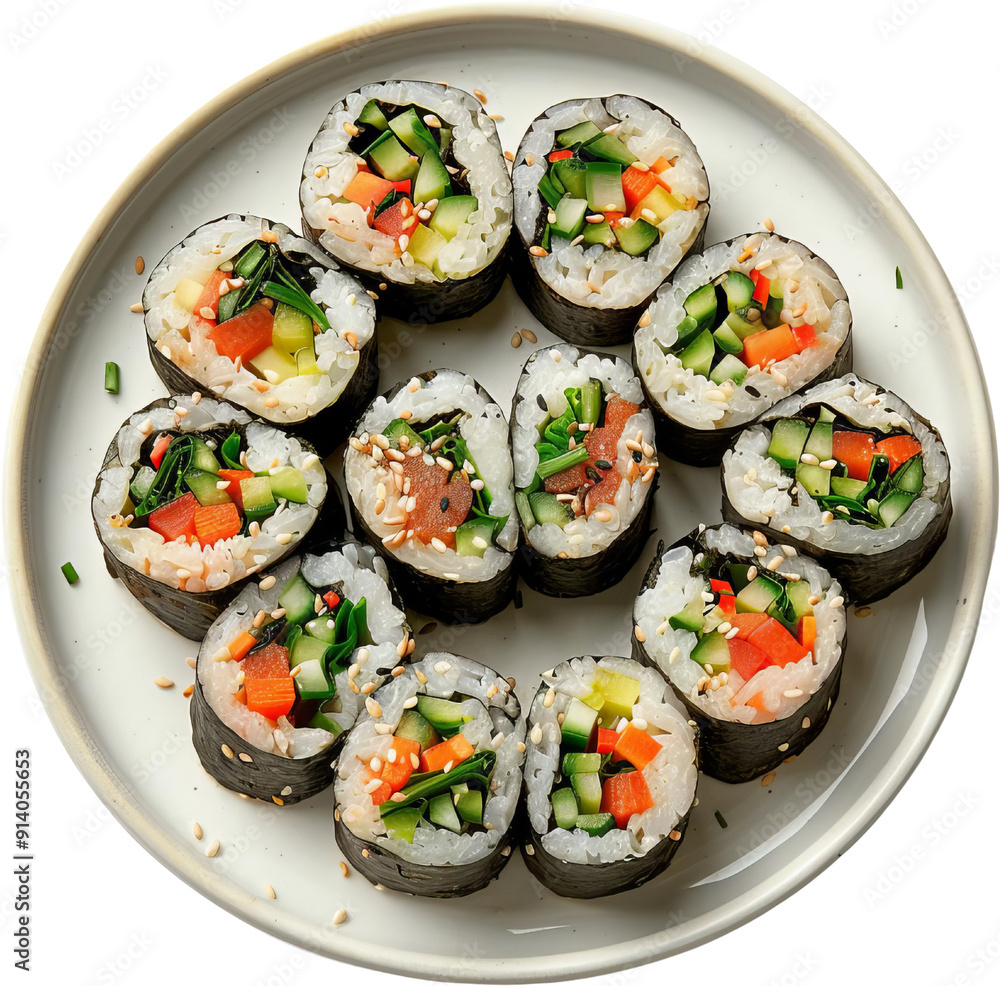 A plate of fresh vegetable sushi rolls garnished with sesame seeds, showcasing colorful and healthy ingredients. A plate of fresh vegetable sushi rolls garnished with sesame seeds, showcasing colorful and healthy ingredients.