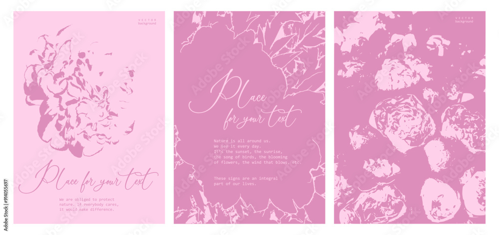 Vector illustration. Set of three posters in purple pink pastel colors, outline peonies with place for writing. Luxury design for invitations, report templates, presentations with plants, nature.