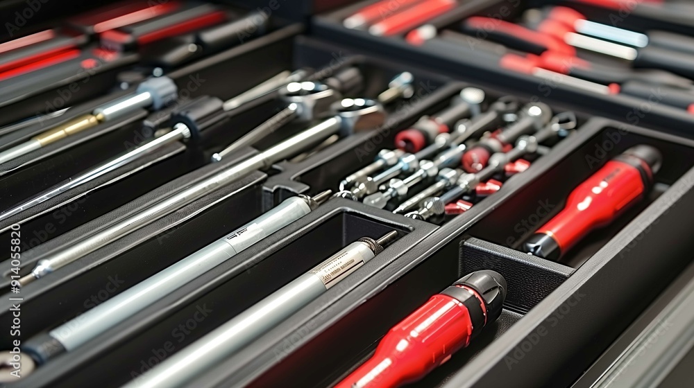Closeup of a well-organized toolbox drawer filled with mechanic tools, showcasing precision and high-quality work in a professional setting Closeup of a well-organized toolbox drawer filled with mechanic tools, showcasing precision and high-quality work in a professional setting