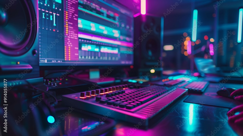Music producer is composing a new song using a computer, audio mixer, and other equipment in a modern home recording studio at night Music producer is composing a new song using a computer, audio mixer, and other equipment in a modern home recording studio at night