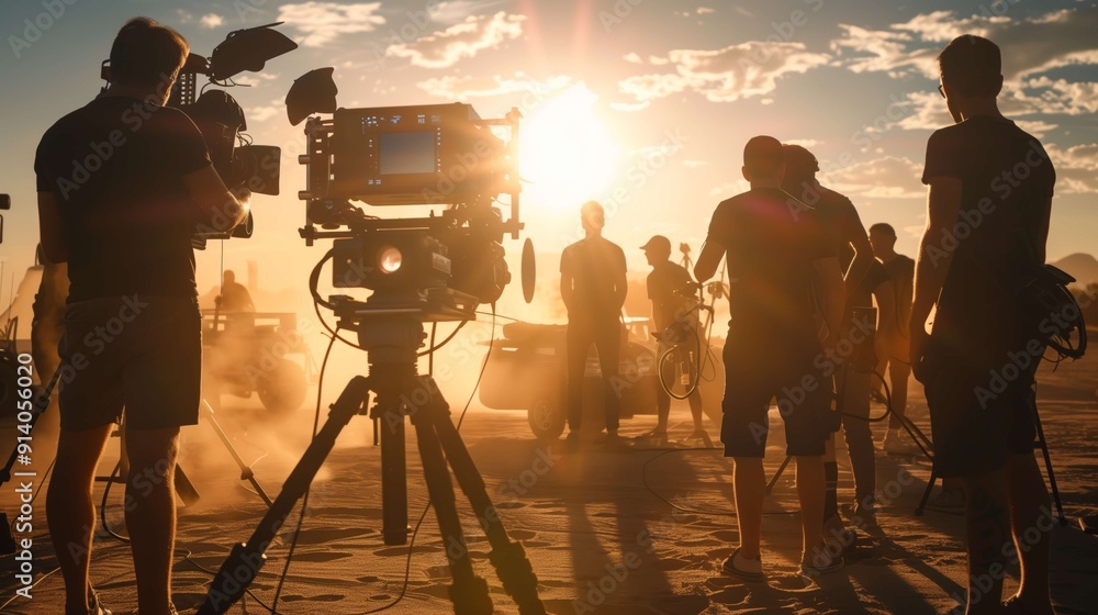 Fototapeta premium Film crew works in a desert at sunset, capturing a cinematic moment with teamwork and creativity