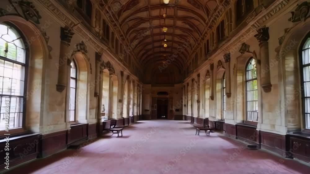 A spacious, historic hallway with ornate architecture and elegant decor A spacious, historic hallway with ornate architecture and elegant decor