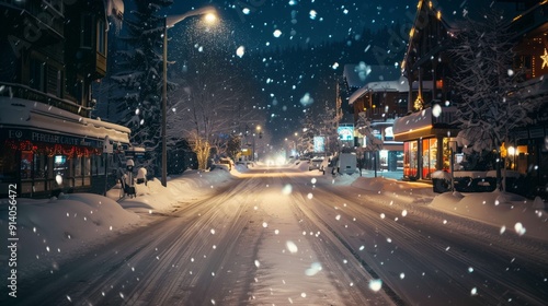 Fototapeta Naklejka Na Ścianę i Meble -  Snow gently falls on a charming small town street at night, creating a magical winter wonderland with festive decorations and twinkling christmas lights. Perfect for the holiday season in december