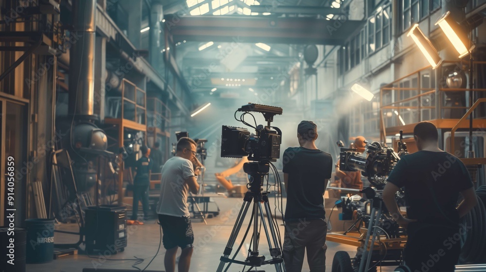 Film crew operating camera on set in industrial Film crew operating camera on set in industrial