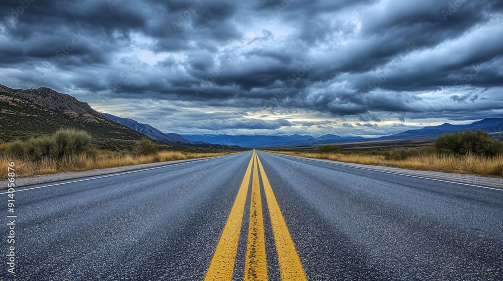 Naklejka premium Empty highway leading to mountains under dramatic