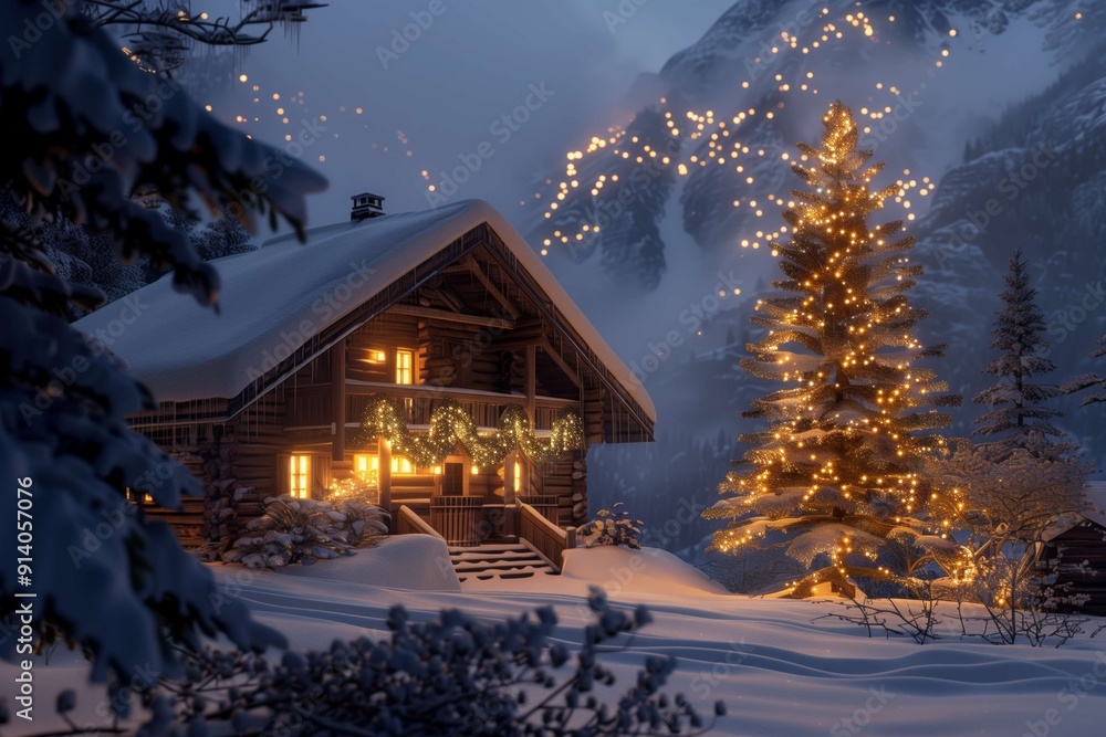 Fototapeta premium Warm wooden chalet covered in snow is shining on
