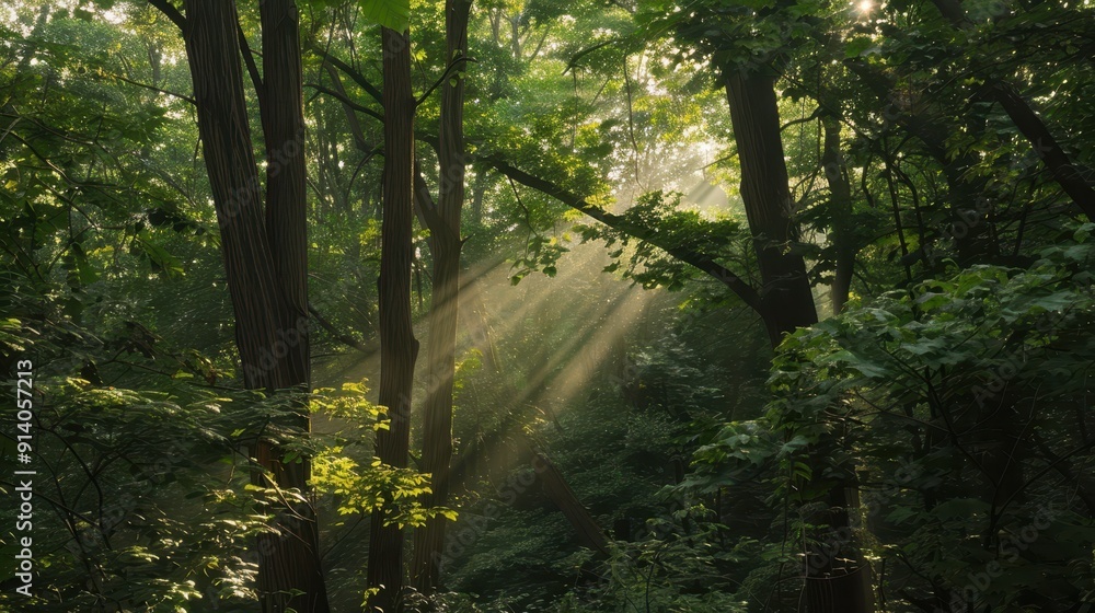 Fototapeta premium Sunlight filtering through green leaves in a forest, creating a tranquil and serene atmosphere. Nature's beauty and peace concept.