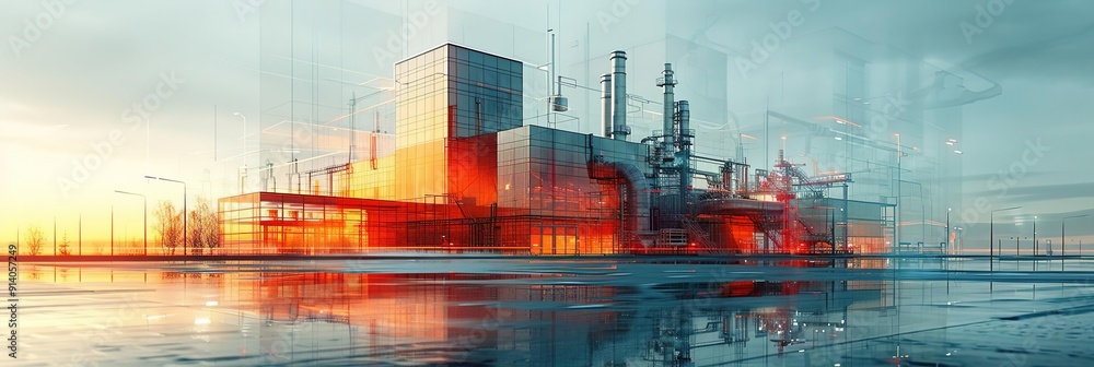 Futuristic Cityscape with Glass Buildings and Industrial Structures Futuristic Cityscape with Glass Buildings and Industrial Structures