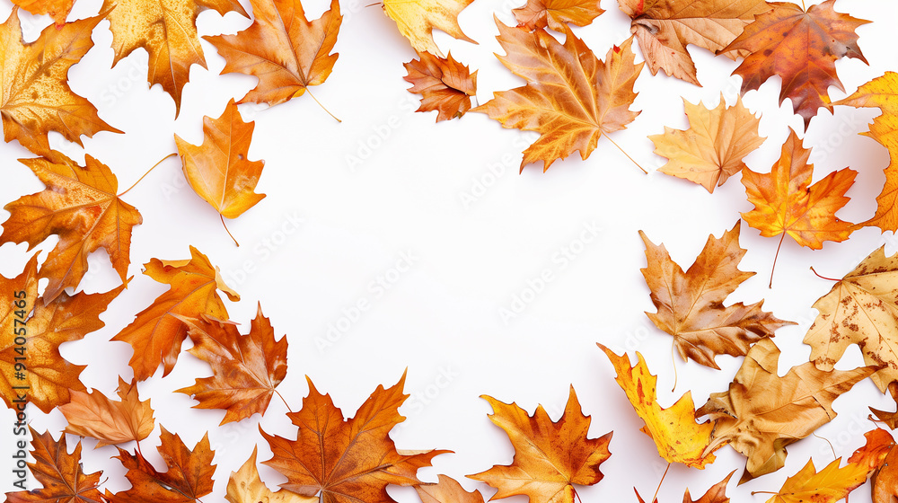 Fototapeta premium Border of fall maple leaves on a white background. Space for text. Greeting card.