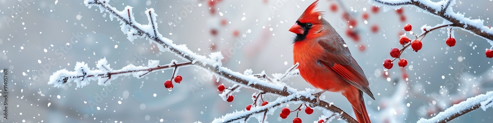 Christmas greeting banner featuring a red cardinal bird perched on a branch in a snowy forest background.