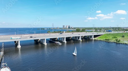 Aerial view of the Hollandse Brug A6 between Amsterdam and Almere with Almere Duin in the background photo