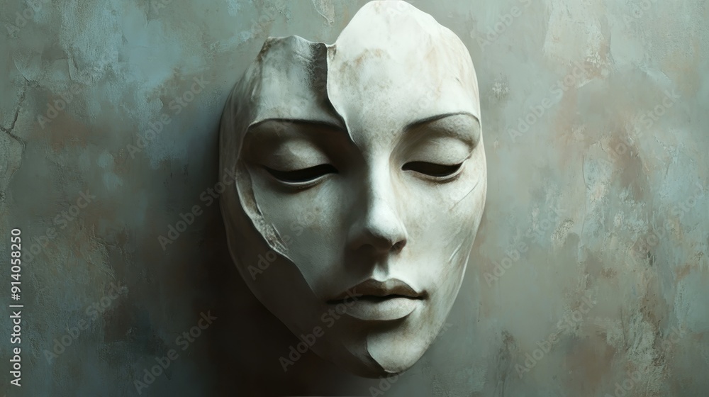 A face made of plaster is displayed on a wall A face made of plaster is displayed on a wall