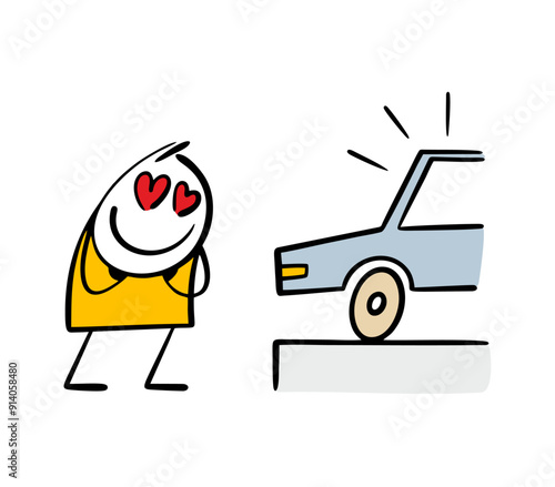 Stickman looks with loving eyes at the new model of the car at the exhibition. Vector illustration of  delighted chauffeur and heart-shaped eyes. Funny character,   customer at a car dealership.