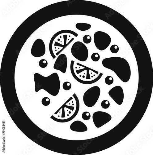 Black and white icon depicting a creamy soup with salmon, potatoes, and dill, a traditional finnish recipe