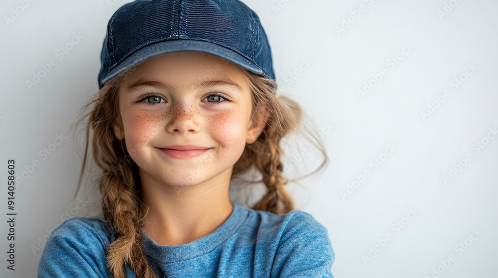 Portrait of a Young Girl with Freckles Wearing a Blue Baseball Cap Portrait of a Young Girl with Freckles Wearing a Blue Baseball Cap