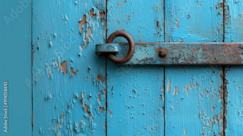 Weathered barn door, paint chipping, hinges rusted