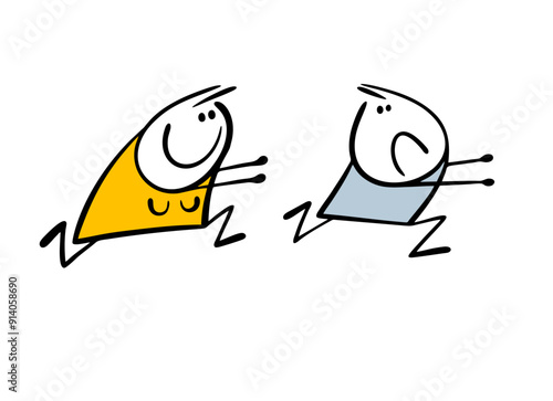 Persistent woman is in love and chasing her boyfriend. Vector illustration of a funny couple. The unfortunate stickman is running away from crazy girl. Female character wants to get married.