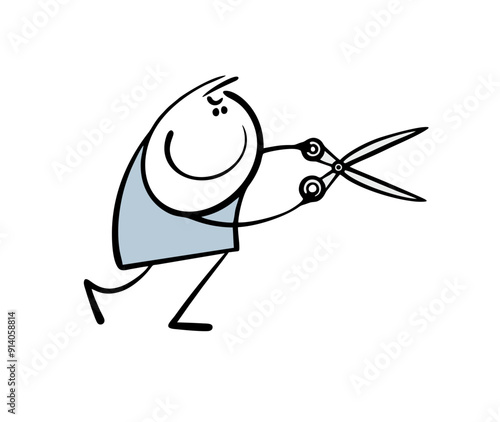Cunning cartoon stickman gleefully cuts with big scissors. Vector illustration of man doing dirty trick, spoiling thing or ribbon. Cartoon hairdresser works in  beauty salon.