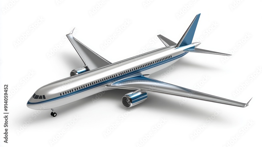 Fototapeta premium 3D Silver & Blue Airplane Render - Isolated on White Background