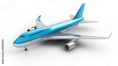 Realistic Silver and Blue Airplane 3D Model - Isolated Render