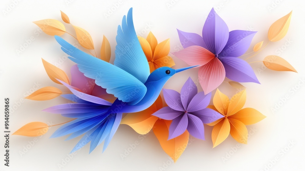 A vibrant hummingbird flutters gracefully among colorful blossoms in a spring garden, showcasing nature's beauty and intricate floral details A vibrant hummingbird flutters gracefully among colorful blossoms in a spring garden, showcasing nature's beauty and intricate floral details