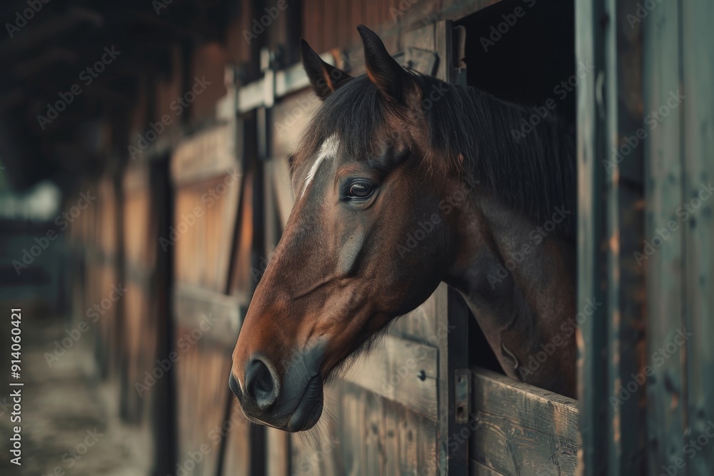 Fototapeta premium Brown heavyweight horse in stall at farm stable Horse care riding school dressage ungulate husbandry feeding in modern stables