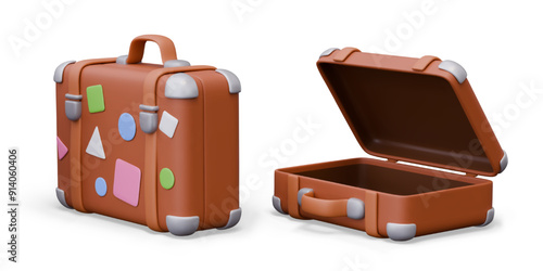 Set of suitcases with tourist stickers in different positions. Closed and open luggage bag