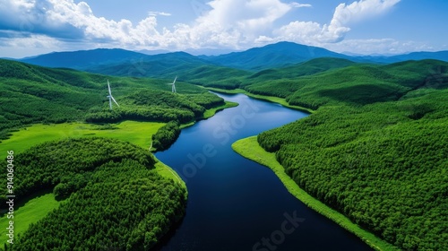 Aerial view of a serene river flowing through lush green mountains under a blue sky, showcasing nature's beauty and tranquility.