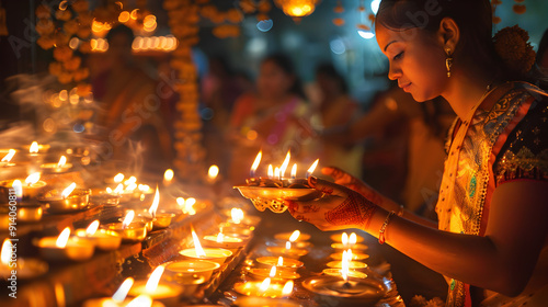 Traditional religious ceremony with people lighting candles in a sacred space to honor their beliefs. photo