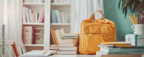 View of the school backpack on the table with pencils, notebooks and books on it. Back to school concept.