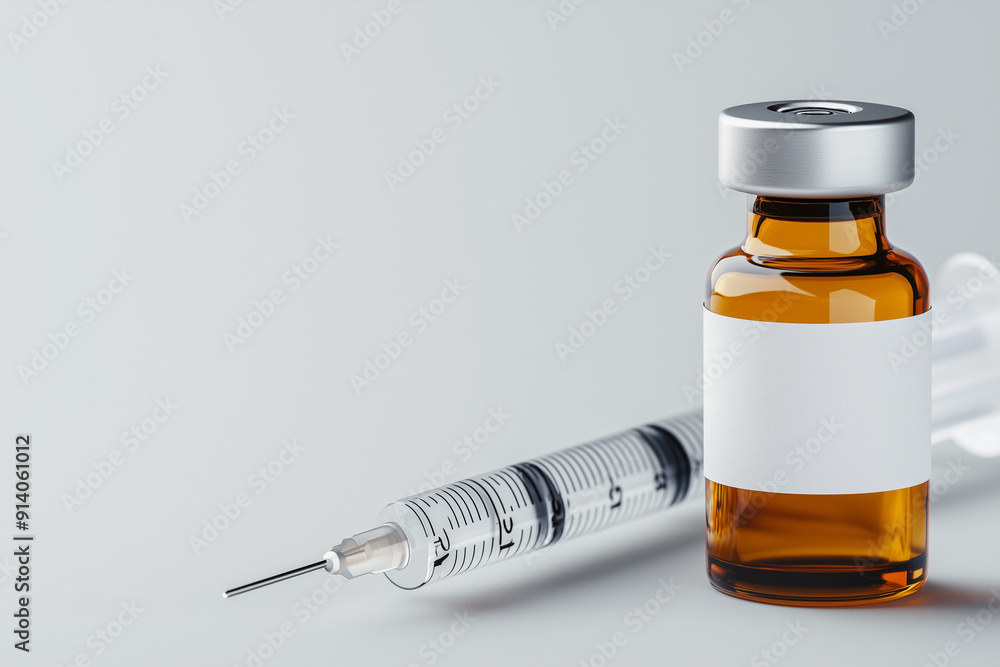 A small brown glass vial with a white label and a grey metal cap, next to a long shiny plastic syringe on a light gray background. A small brown glass vial with a white label and a grey metal cap, next to a long shiny plastic syringe on a light gray background.