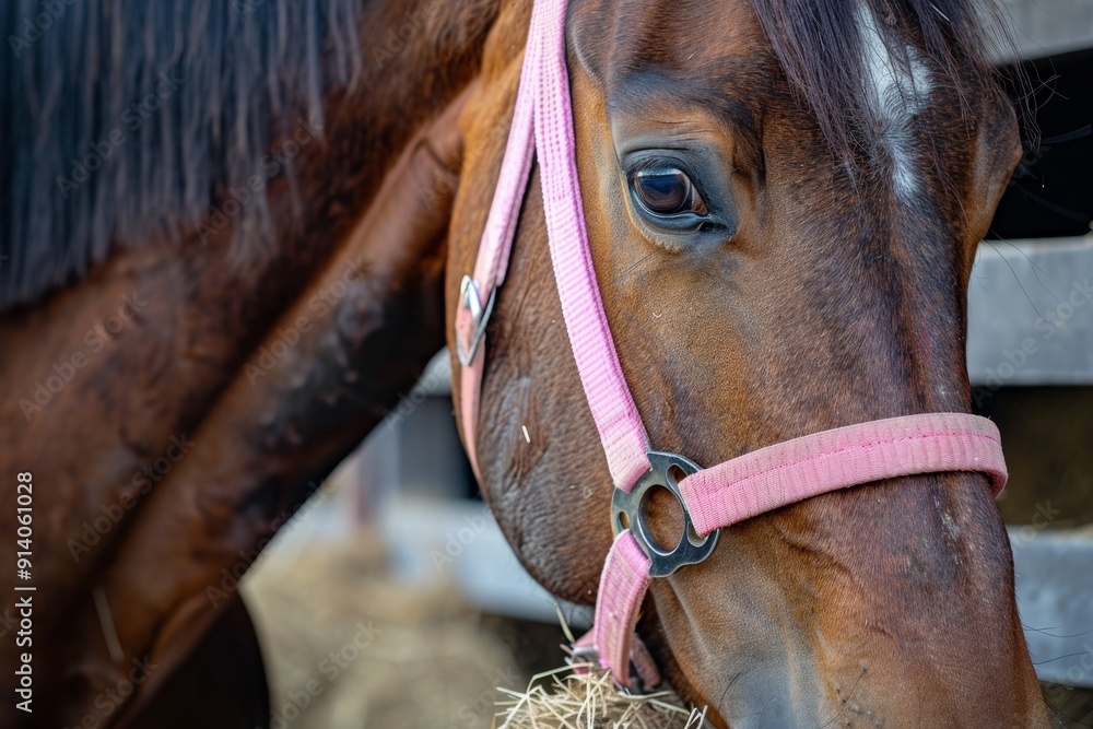 Obraz premium Caring for a bay horse in a stall eating hay