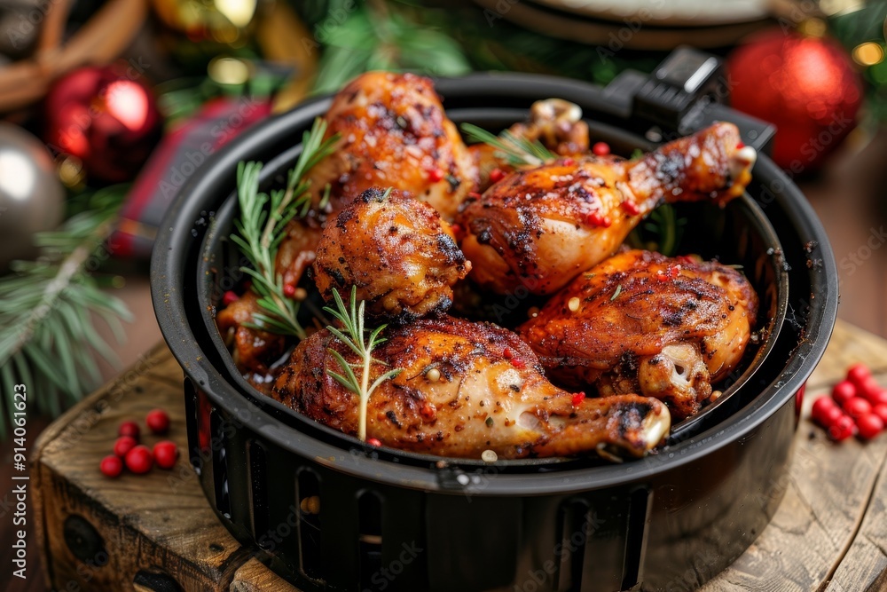 Christmas dinner is homemade fried chicken cooked on a wooden table with a black air fryer in the kitchen for family festivities Christmas dinner is homemade fried chicken cooked on a wooden table with a black air fryer in the kitchen for family festivities